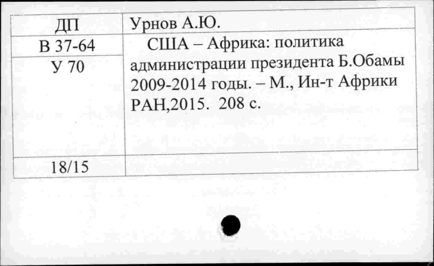 ﻿ДП	Урнов А.Ю.			
В 37-64	США - Африка: политика администрации президента Б.Обамы 2009-2014 годы. - М., Ин-т Африки РАН,2015. 208 с.
У 70	
18/15		